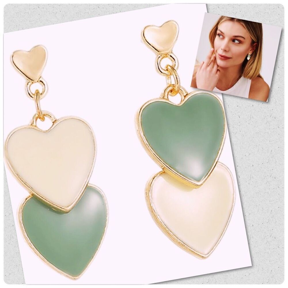 NWT Green Milky White Two-Toned Double Heart Boho Dangle Earrings